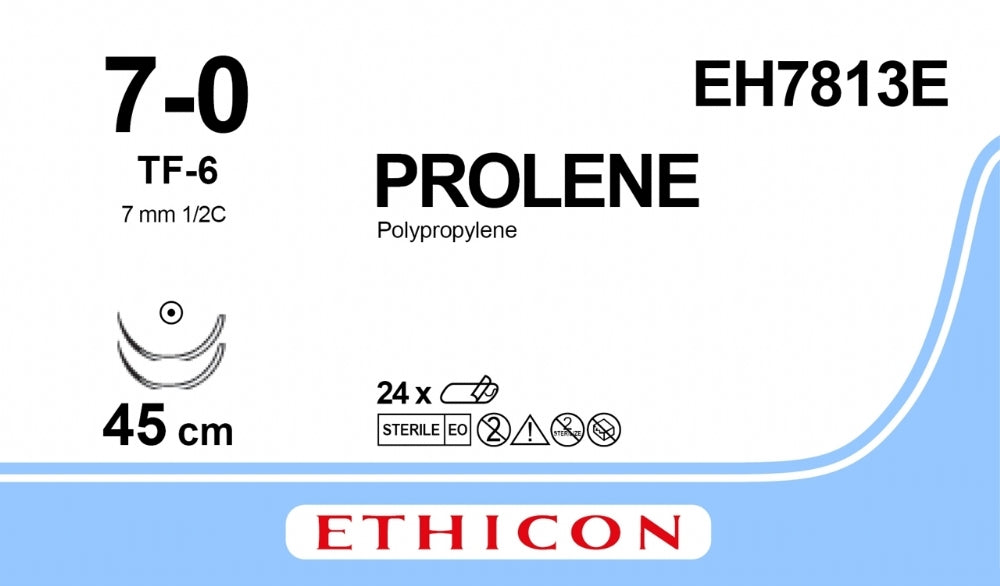 Prolene, Monofilament, Blue, 7-0, 45cm, 2xTaperpoint, 6.5mm, 1/2C - Box 24 -