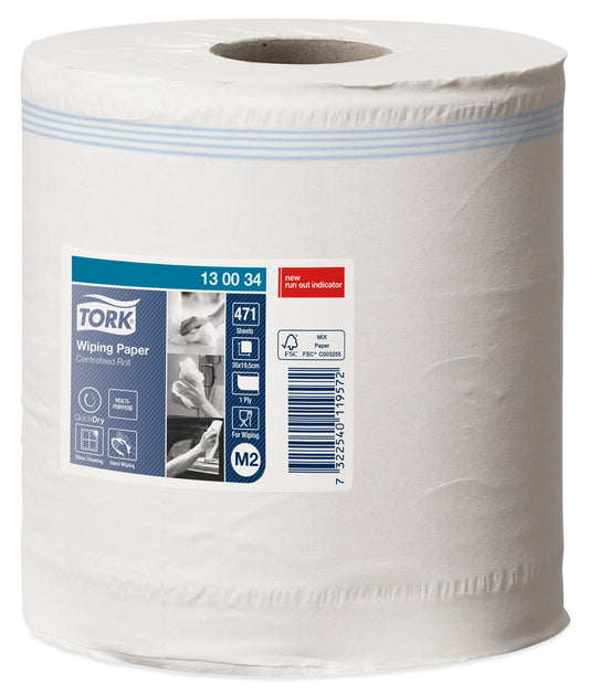 Tork Universal Centrefeed Wiping Paper 1Ply - 130034 - Case of 6 Rolls - 19cm x 165m -