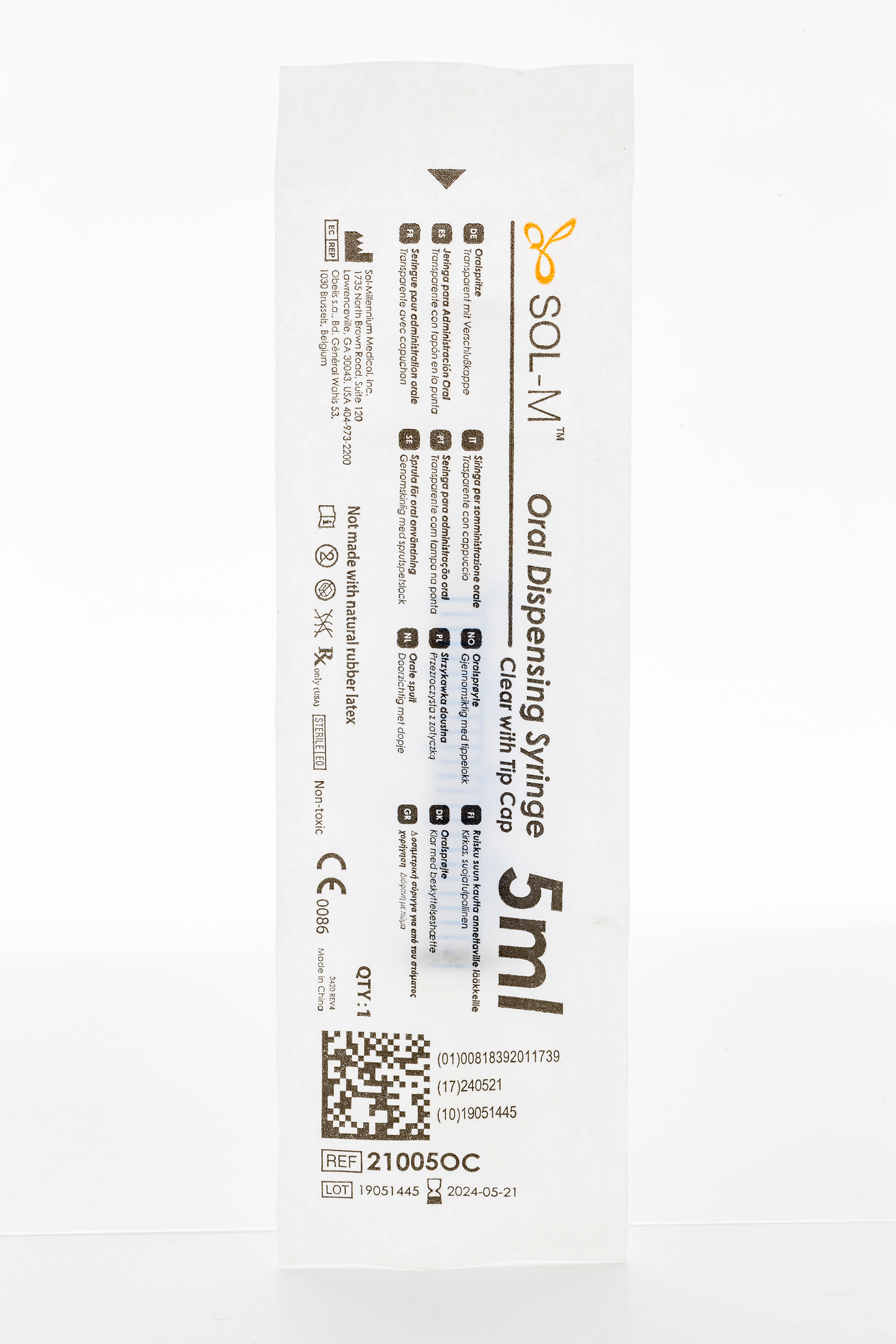 5ml SOL-M™ Oral Syringe w/ Tip Cap, Clear Barrel, White Plunger - Box 100 -