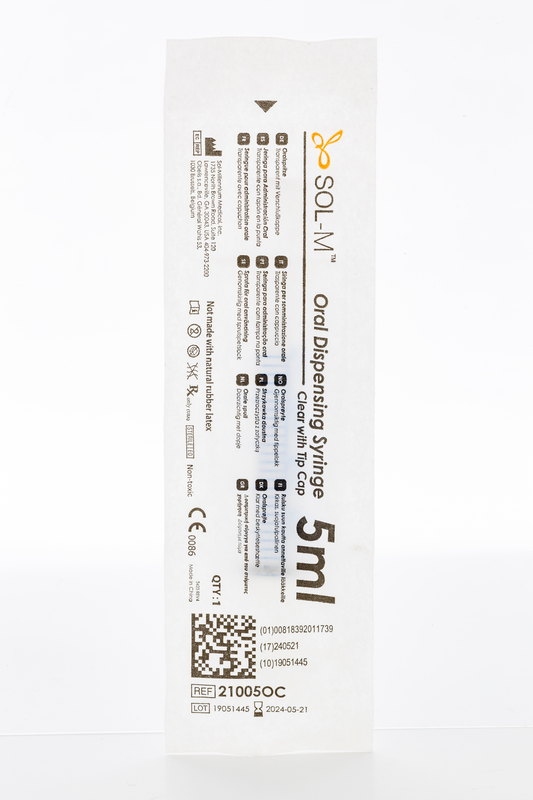 5ml SOL-M™ Oral Syringe w/ Tip Cap, Clear Barrel, White Plunger - Box 100 -