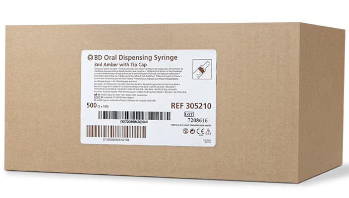 BD® Oral Syringe, 3 mL Amber with Tip Cap - Bag of 100