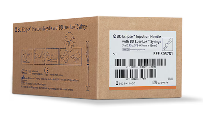 BD 3ml Luer-Lok Syringe with Detachable Eclipse Needle 25G 5/8" - Box of 50 -