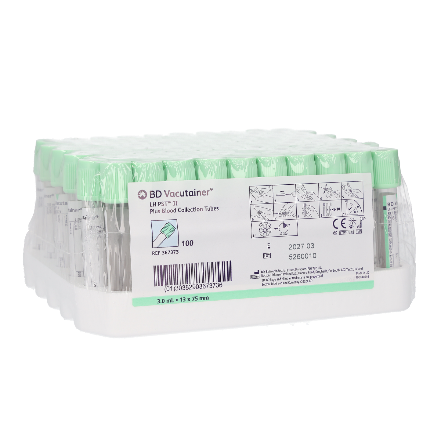 BD Vacutainer PST II Tube 3ml with Light Green Hemogard Closure - Box of 100 - Becton Dickinson