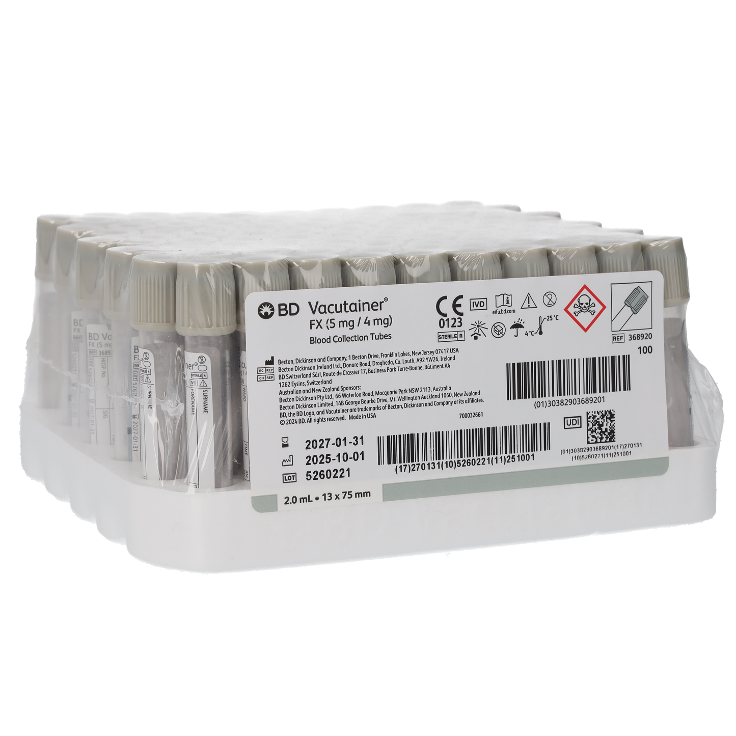 BD Vacutainer Plastic Fluoride/Oxalate Tube with Grey Cap - 2ml x 100 - Becton Dickinson
