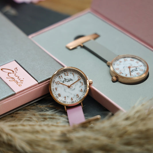 Annie Apple Nurses Fob Watch - Meraki - Pearl/Rose Gold/Pink - Leather - 35mm - Annie Apple
