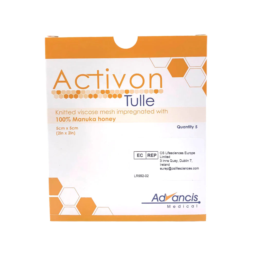 Activon tulle nitted viscose mesh with 100% manuka honey 5cm x 5cm - pack of 5 - Advancis Medical