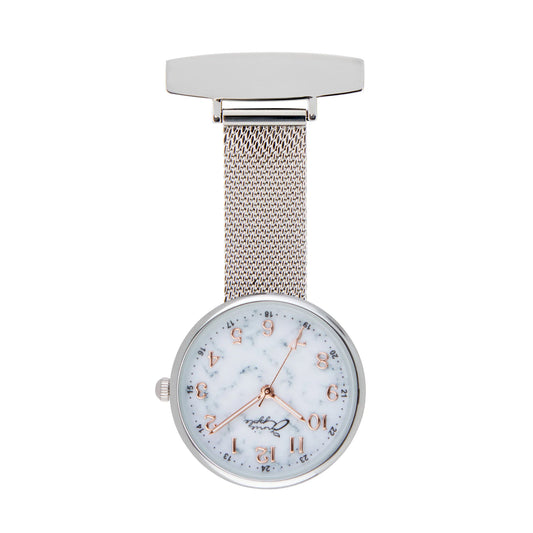 Annie Apple Nurses Fob Watch - Venus - Silver Mesh - Blush Leather - 35mm -