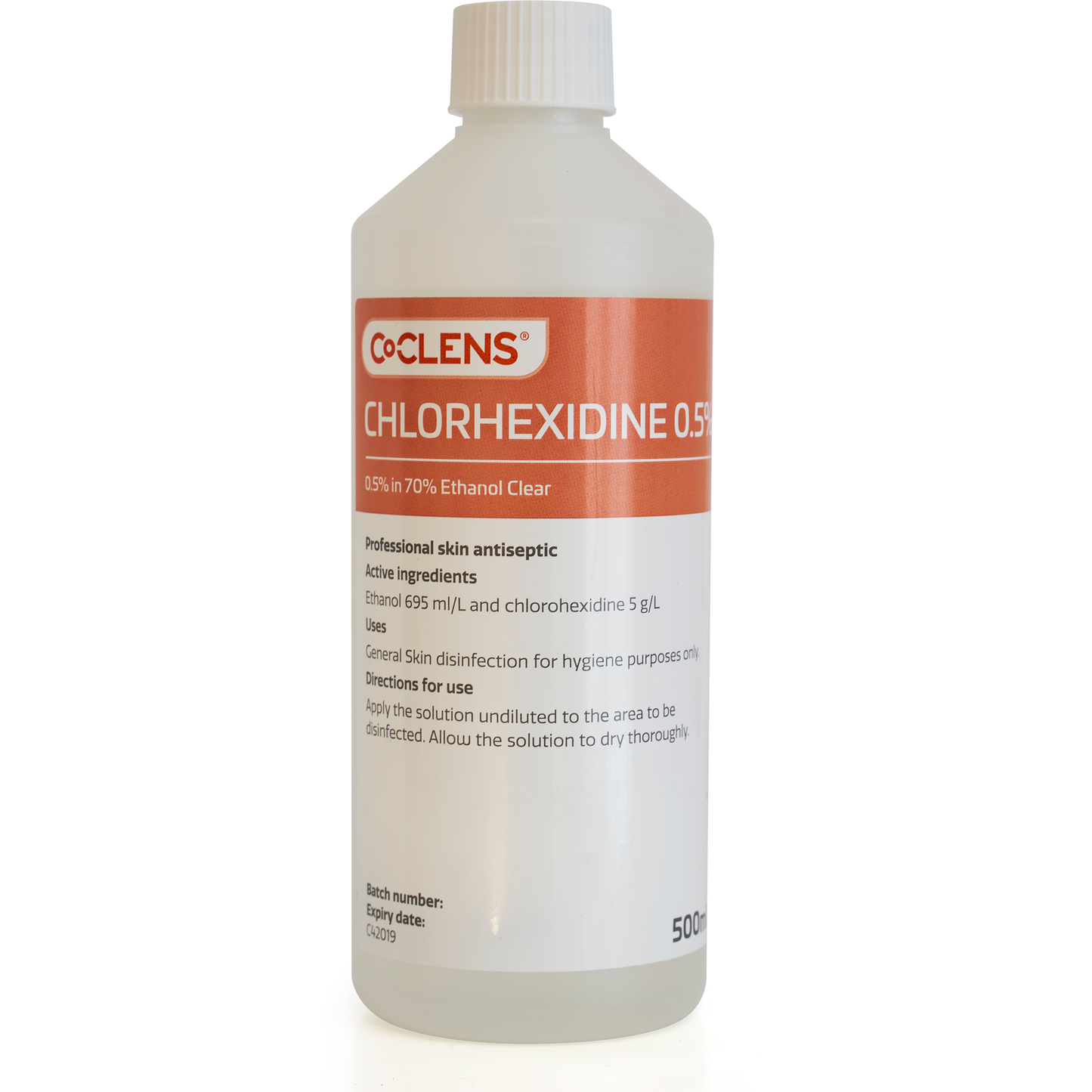 Co-Clens 0.5% Chlorhexidine in 70% Ethanol Clear - Screw Cap 500ml - Co-Clens