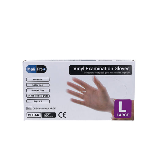 Clear Vinyl Exam Gloves - Cat III PPE Large – Box of 100 - MediPro