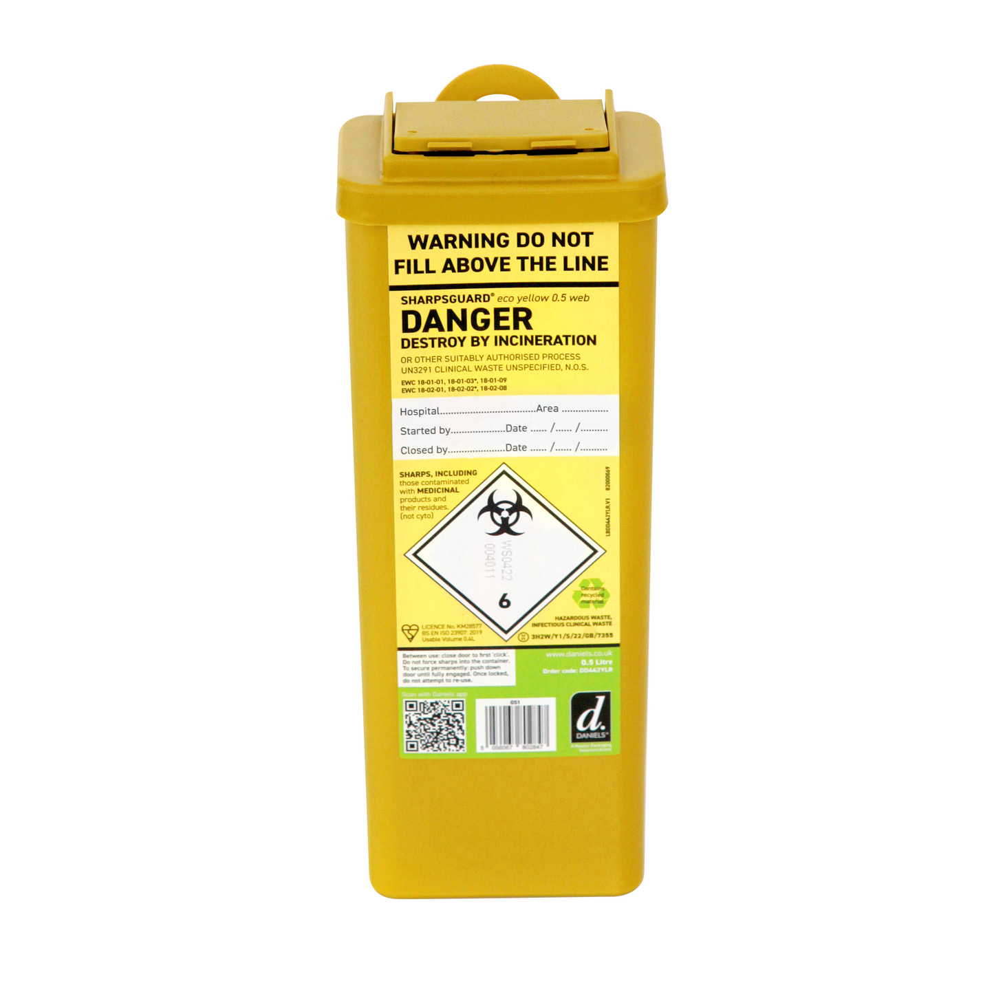 Sharpsguard Yellow 0.5 Ltr Sharps Bin with Needle Remover - Daniels
