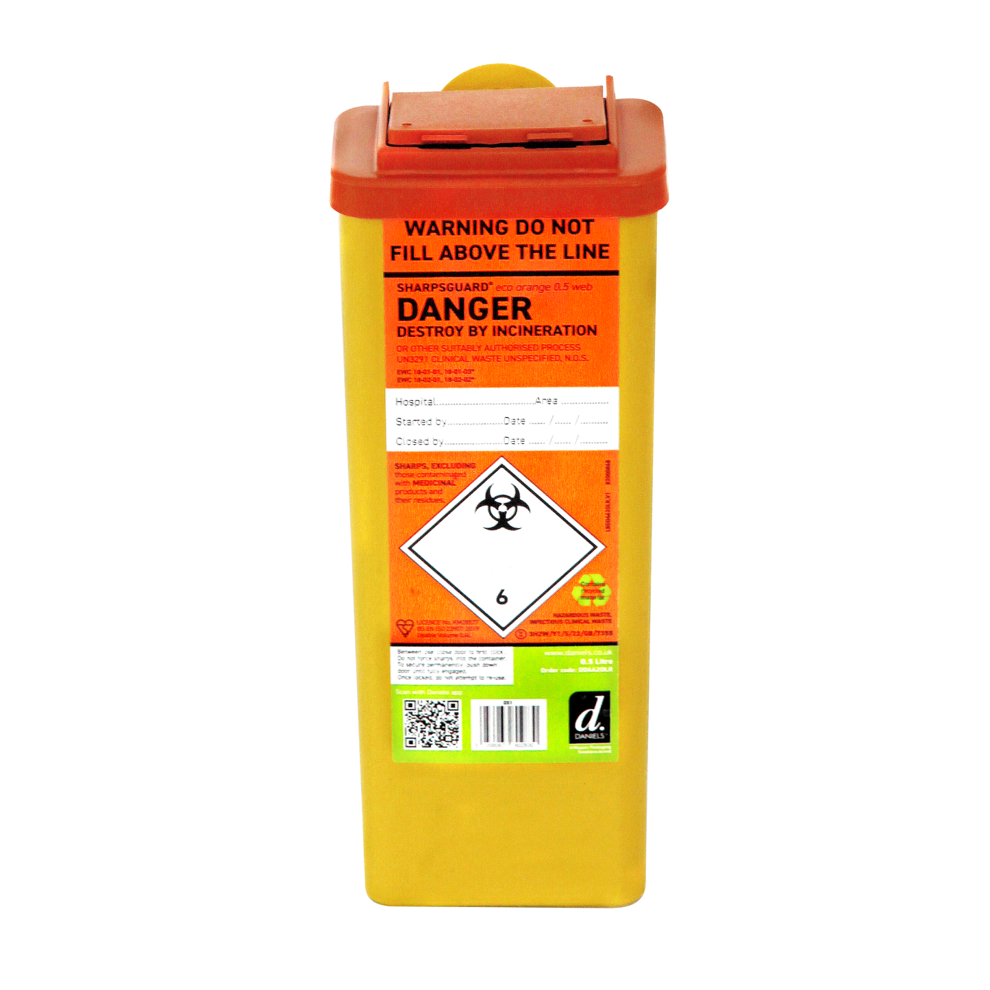 Sharpsguard Orange 0.5 Ltr Sharps Bin with Needle Remover - Daniels