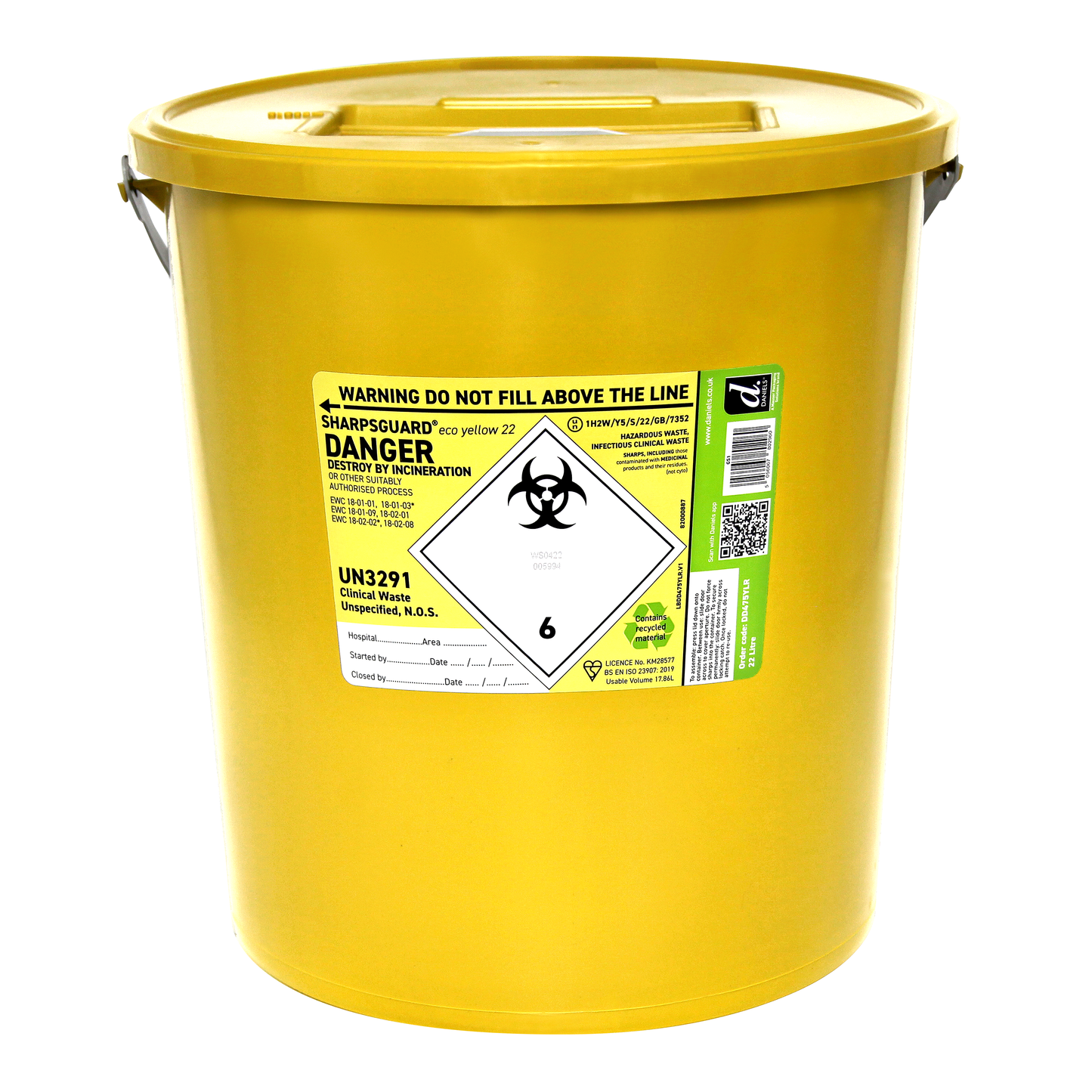 Sharpsguard Yellow 22 Litre Sharps Bin - Daniels