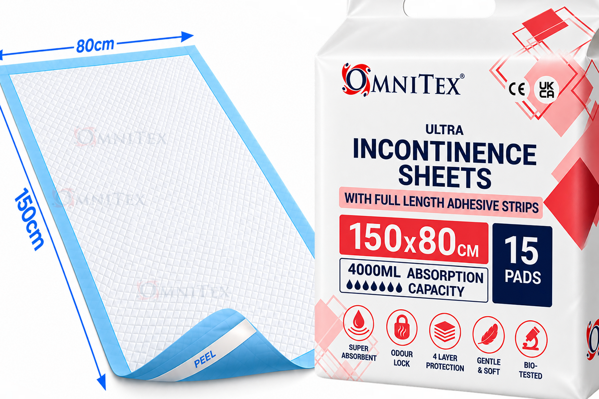Omnitex XXL Disposable Bed Pads 4000ml w Full Adhesive strips - 150cm x 80cm - Pack of 15 -