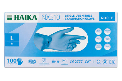 Haika NX510 Blue Nitrile Examination Gloves- Box of 100 Gloves - Small