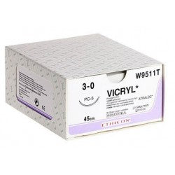 Coated Vicryl Suture 3-0 Undyed 45cm 19mm 3/8 Circle Conventional Cutting PRIME Needle x 24