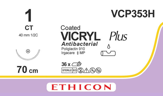 VICRYL Suture PLUS - Braided - Violet - 1 - 70cm - 1 x Taperpoint - 40mm - 1/2C - 36 - Ethicon