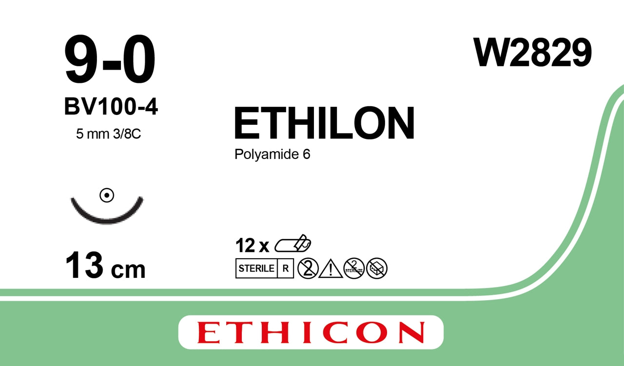 Ethilon Black Suture, 5IN (13CM) 9-0, S/A BV100-4, 5.1mm, Box of 12 -