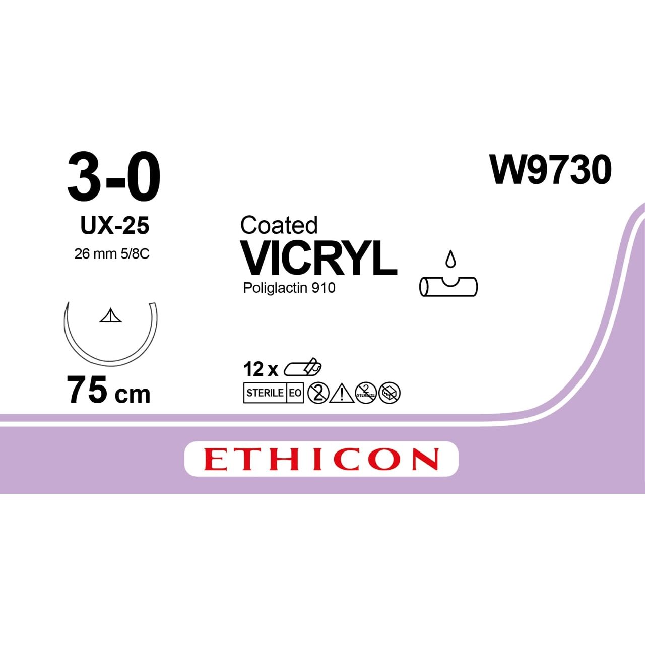 VICRYL Coated, Conventional Cut, undyed, 3-0, 5/8C, 75cm, 26mm, UX-25 Prime - Box of 12 -