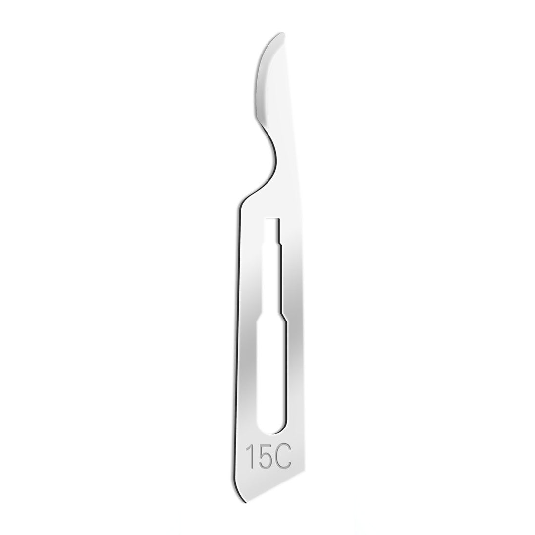 Swann Morton sterile surgical scalpel blade no.15C displayed against white background.
