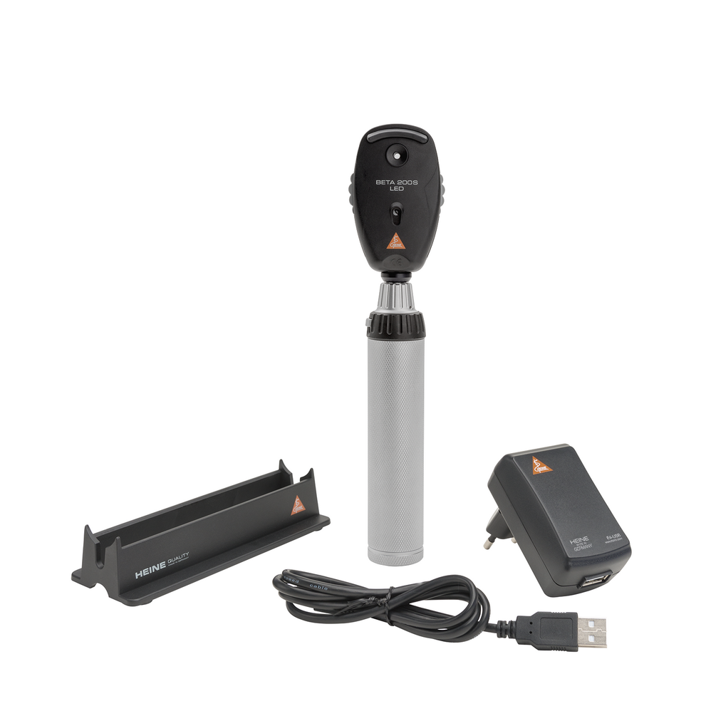 HEINE BETA 200S LED Ophthalmoscope - Rechargable + USB Cord + Plugin Power Supply -