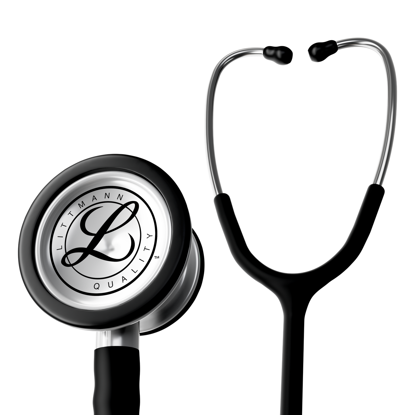 The binurals, bell and some of the tubing of the satin black Littmann Classic III Monitoring Stethoscope is visible in the image with the Littmann logo clear on the stethoscopes bell.