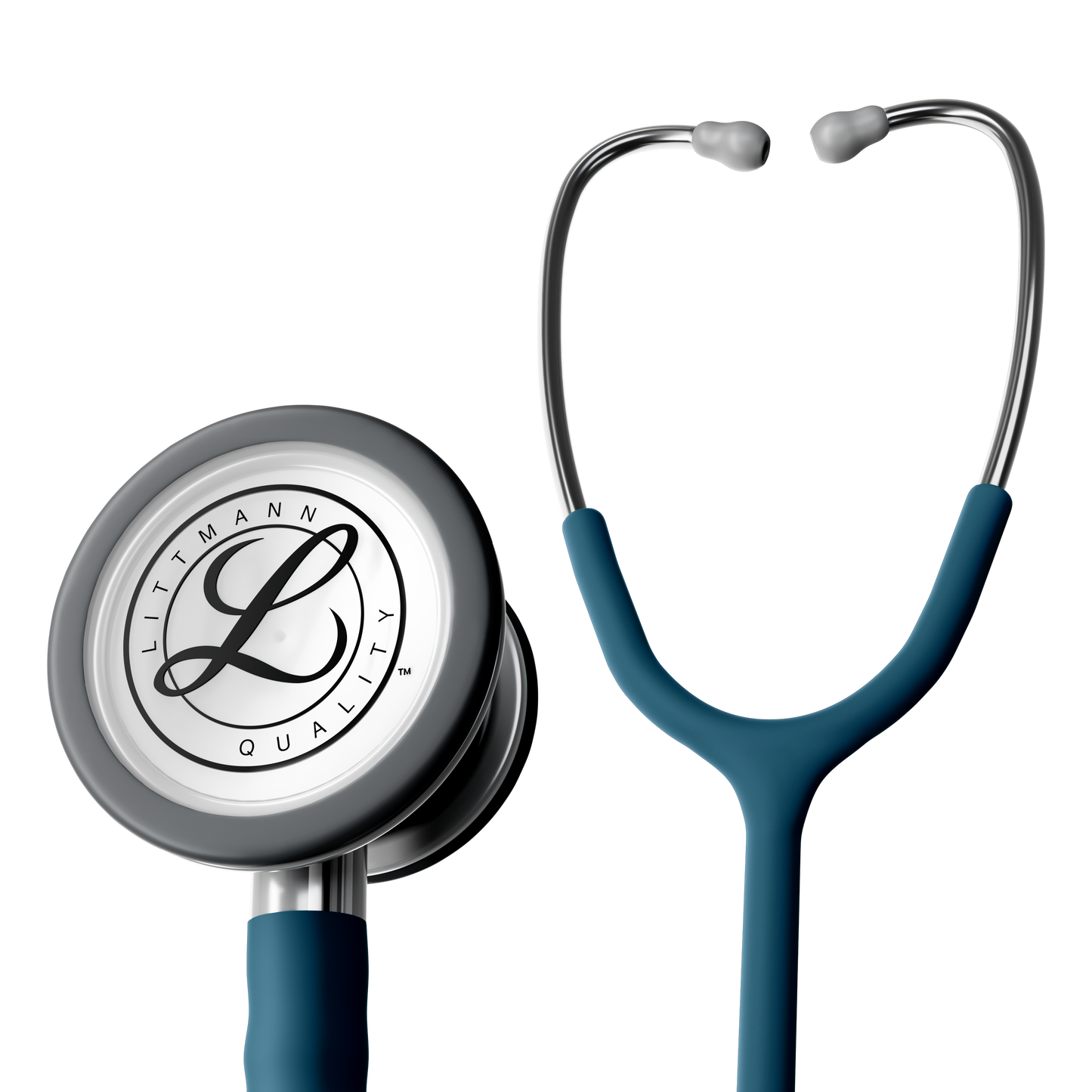 The binurals, bell and some of the tubing of the satin caribbean blue Littmann Classic III Monitoring Stethoscope is visible in the image with the Littmann logo clear on the stethoscopes bell.