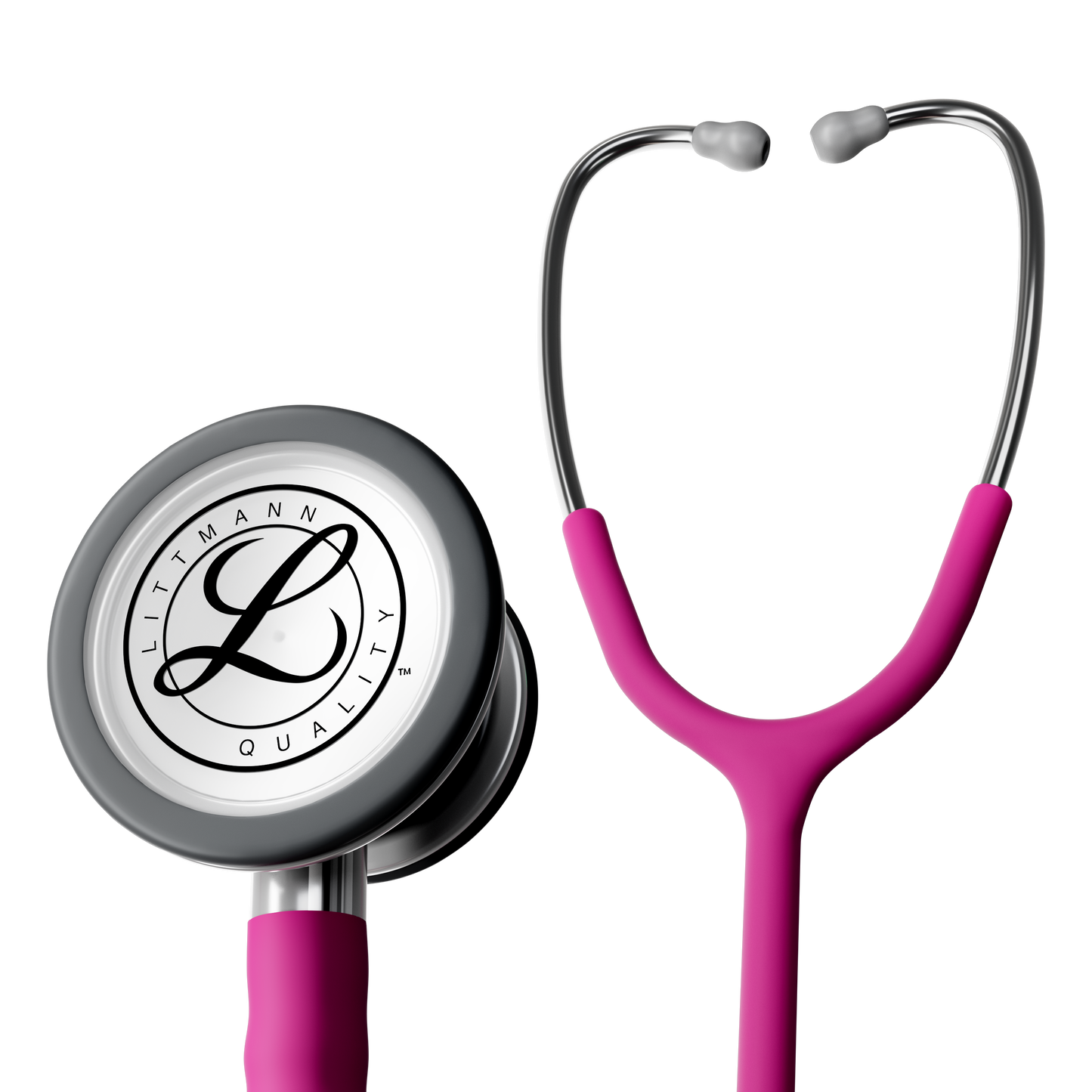The binurals, bell and some of the tubing of the satin raspberry Littmann Classic III Monitoring Stethoscope is visible in the image with the Littmann logo clear on the stethoscopes bell.