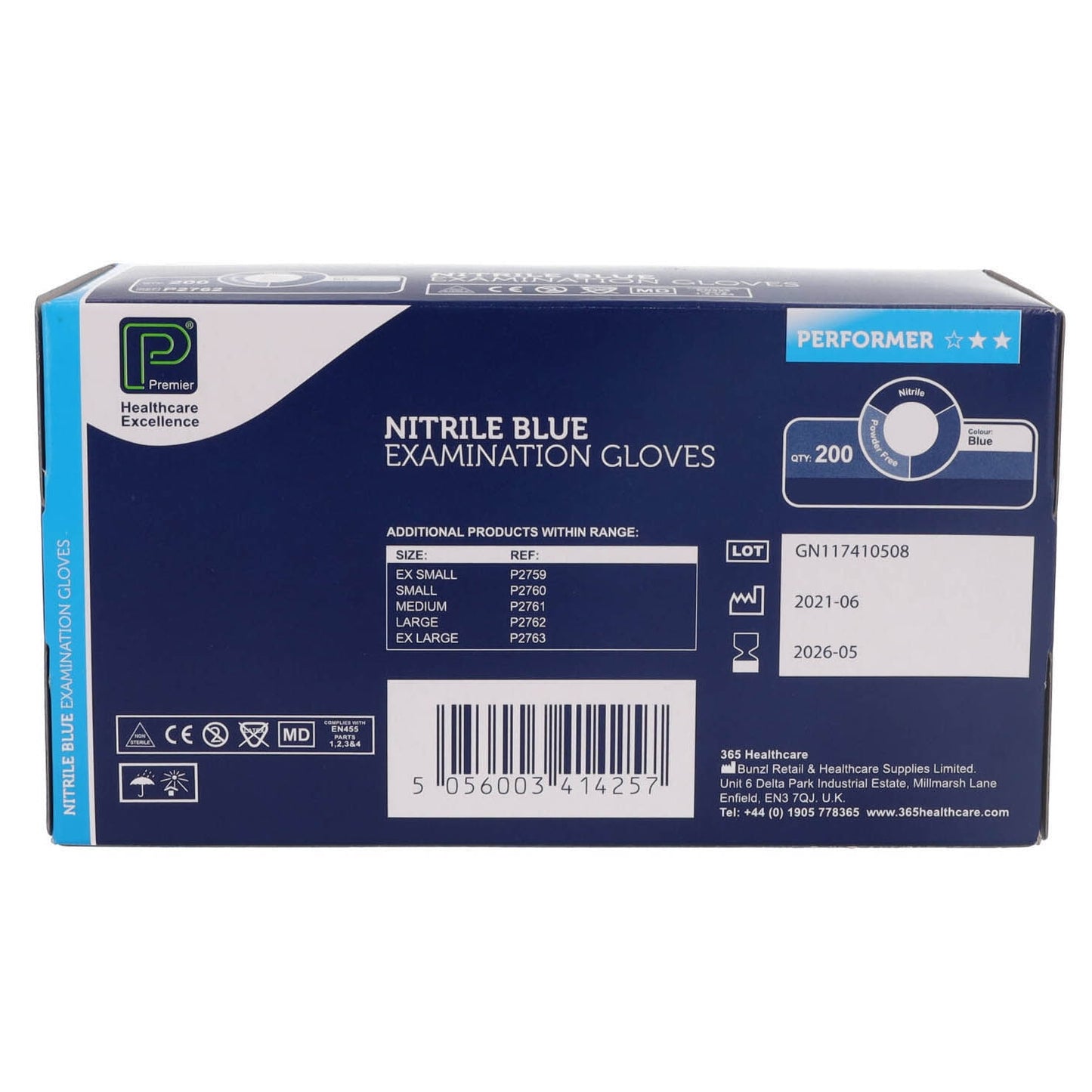 Premier Blue Nitrile Examination Gloves - Non Sterile - Large - Box Of 200 - Premier