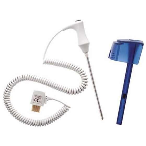 Welch Allyn SureTemp oral probe with a white coiled lead coming off it and a translucent blue plastic probe cover next to it. Displayed against a white background.