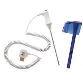 Welch Allyn SureTemp oral probe with a white coiled lead coming off it and a translucent blue probe cover next to it. Displayed against a white background.