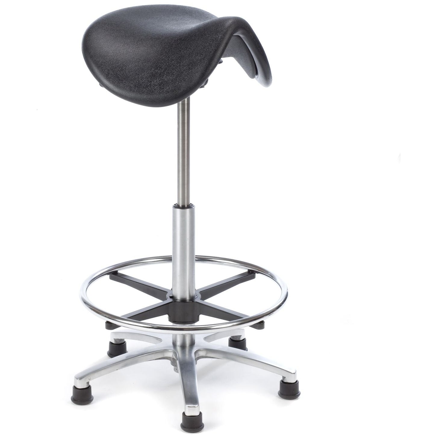 Laboratory Saddle Stool - High Variant (58-78cm) with Foot Ring and Glides - Plinth Medical