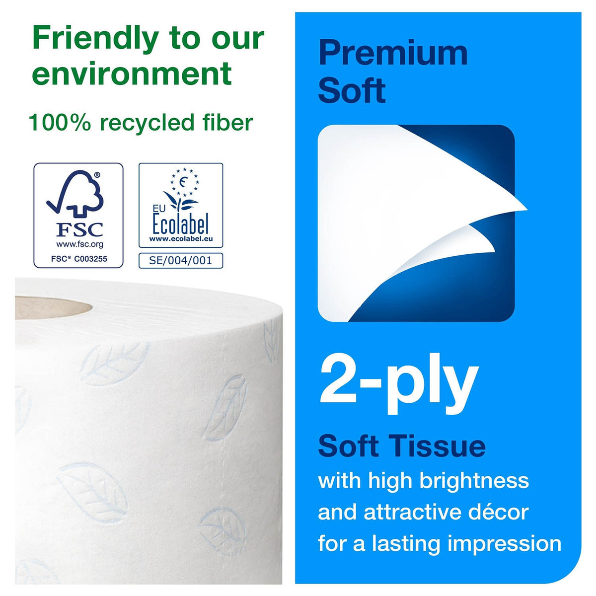On the left "Friendly to our environment" and "100% recycled fibre" in green and a white Tork premium soft mini jumbo toilet roll below against a white background. On the right side a blue banner with "Premium soft" "2-ply" "Soft Tissue with high birghtness and attractive decor for a lasting impression" in blue and white.