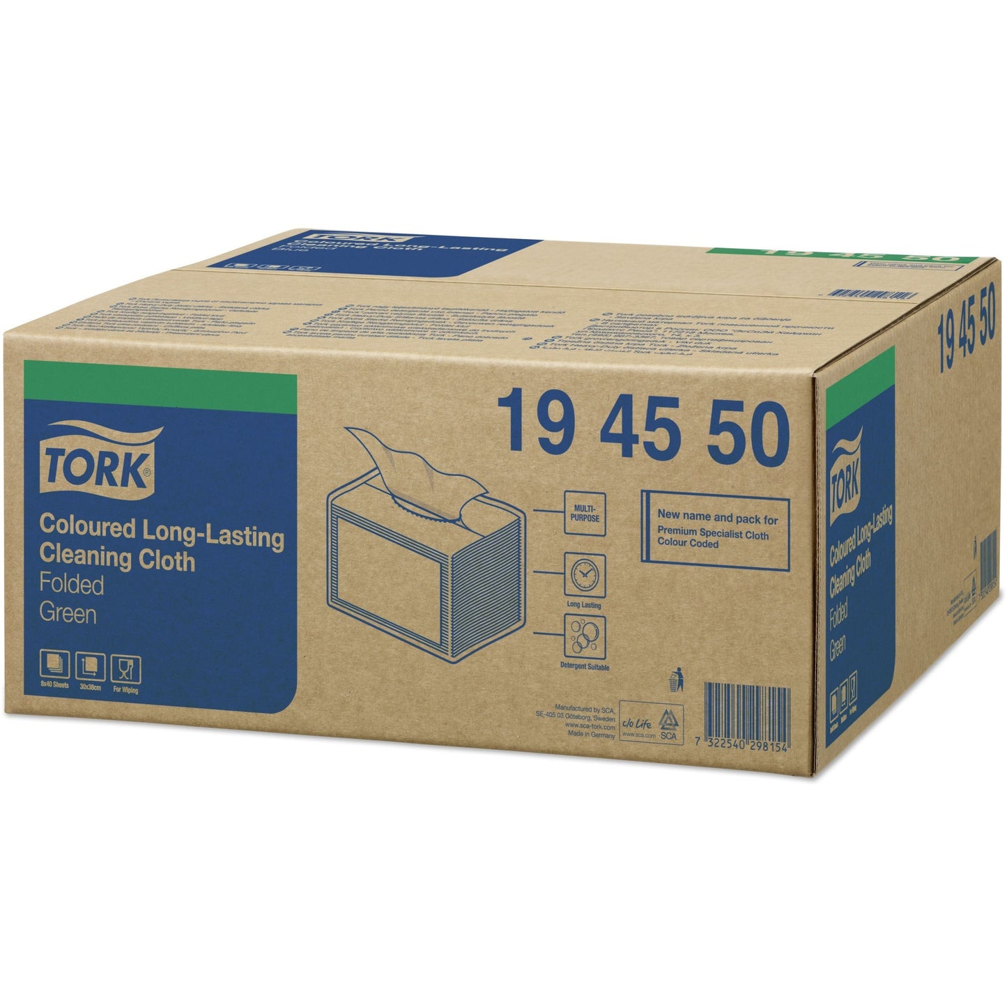 Tork Long-Lasting Cleaning Cloth in Green - Pack of 40 - 194550 - Tork