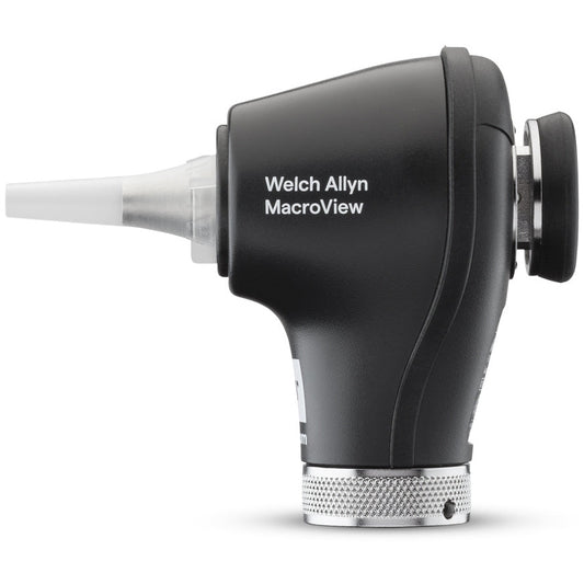 Side on photo of the Welch Allyn MacroView Plus Otoscope head with "Welch Allyn MacroView" printed on the side. A clear ear specula is attached to the front of the otoscope head. Displayed against a white background.