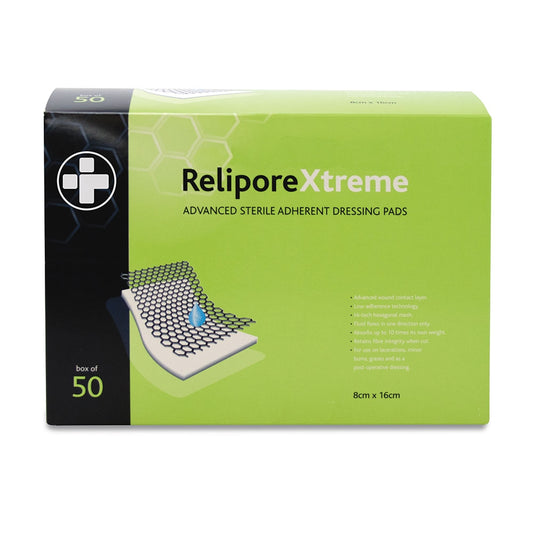 8m x 16cm Relipore Xtreme Adhesive Dressing Pads Sterile - Box of 50 - Reliance