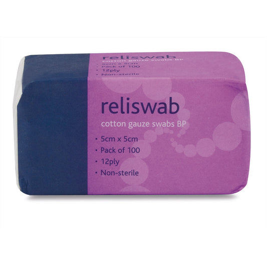 Reliswab - BP Non-Sterile 12ply 5cm - x 5cm Pack of 100 - Reliance