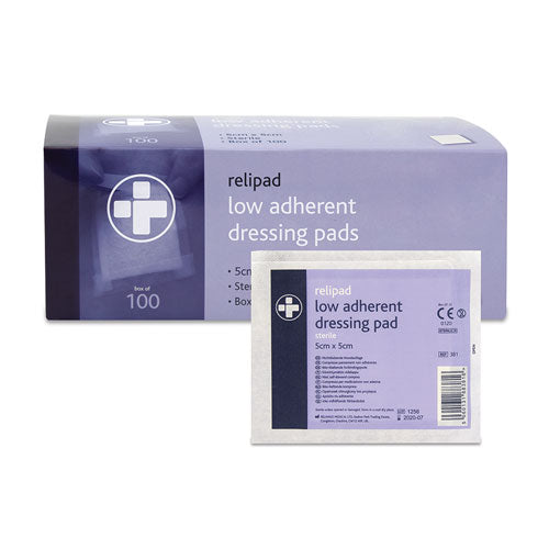 Relipad Low-Adherent Dressing Pads 5 x 5cm - Pack of 100 - Reliance