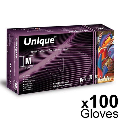 Aurelia Unique 100 Stretch-Free White Vinyl Examination Gloves - Powder-Free - Medium (100)