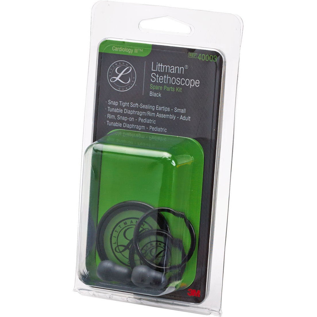 Packaging for the black Littmann spare parts kit for Cardiology III Stethoscopes. The packaging is made from clear plastic which has a black and green cardboard insert which explains what comes in the kit. There is a clear window with a green background which displays what comes in the kit; two ear tips, an adult tunable diaphram, an adult snap-on rim, a paediatric tunable diaphragm and a paediatric snap-on rim. The product is displayed against a white background.