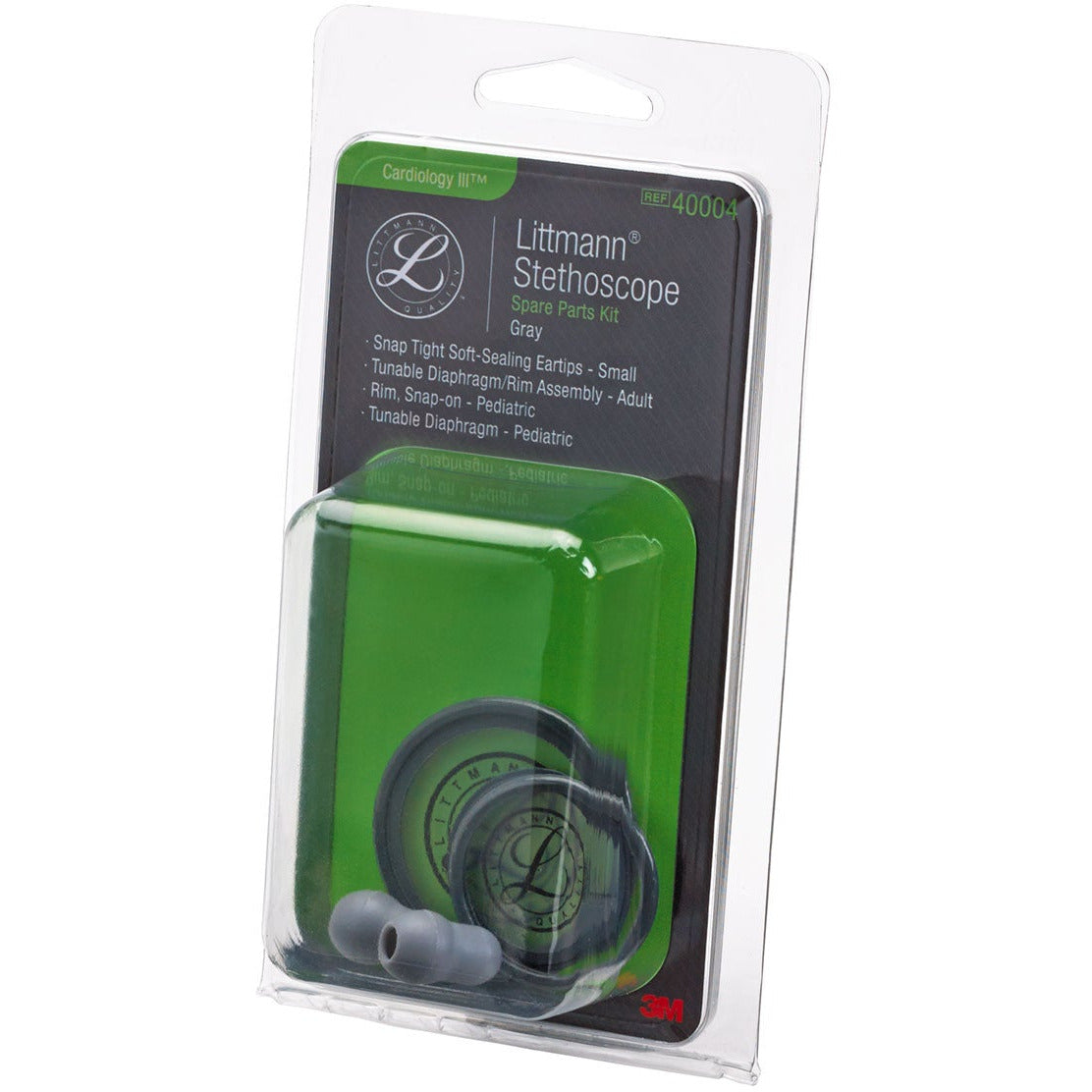 Packaging of the grey Littmann spare parts kit for Cardiology III Stethoscopes. The packaging is made of clear plastic which a black and green cardboard insert which explains what comes in the kit. There is a clear window in the packaging which has a green background and allows you to see the spare parts; small ear tips, adult tunable diaphragm and snap-on rim and a paediatric tunable diaphragm and snap on ring. The product is displayed against a white background.
