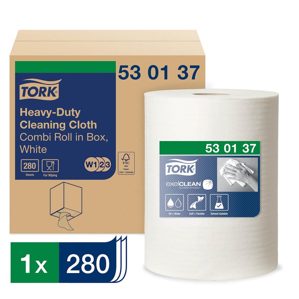 A cardboard box with of a white roll of Tork heavy duty cleaning cloths with a white roll of Tork heavy duty cleaning cloths sat in front against a white background.