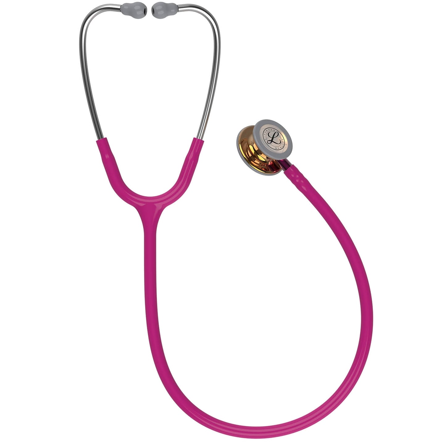 High polish copper and raspberry limited edition Littmann Classic III Monitoring Stethoscope displayed in a U shape showing the 27" tubing length against a white background.