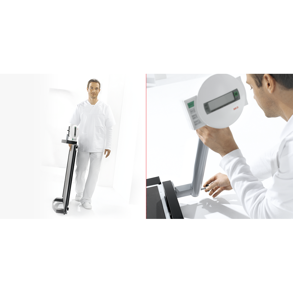 On the left a male nurse carrying a set of white and black seca 665 electronic multifunction wheelchair scales in a white room. Onb the right a male nurse bending down to attach the display stand to the corner of the black and white seca 665 electronic multifunction wheelchair scales. The floor is white.