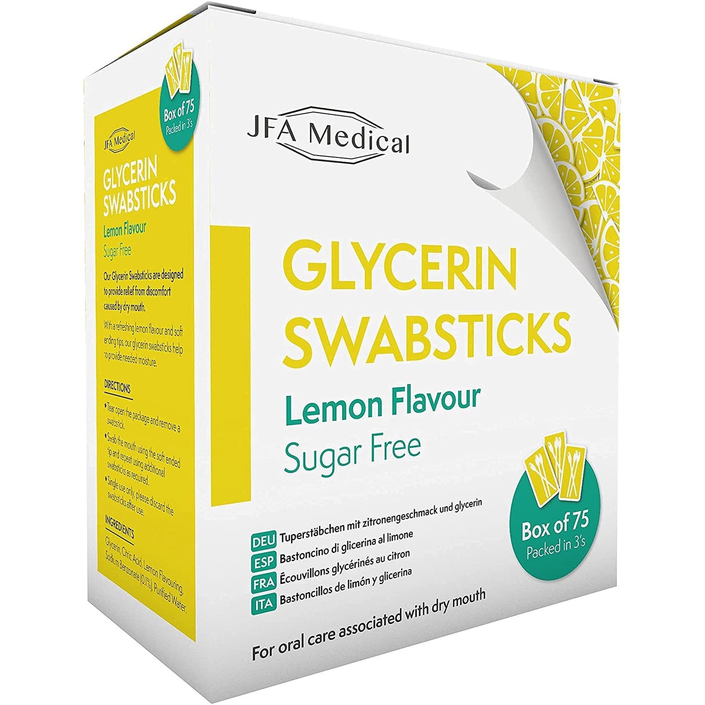 JFA MEdical Glycerin Swabsticks, Lemon Flavour, Sugar Free, Box of 75 - JFA