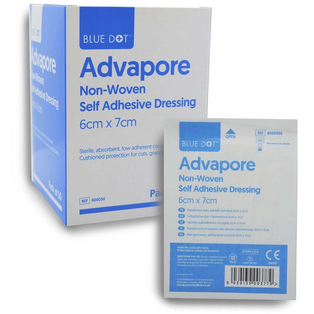Advapore Fabric Non-Woven Adhesive Wound Dressing 6cm x 7cm (Box 50) - Blue Dot