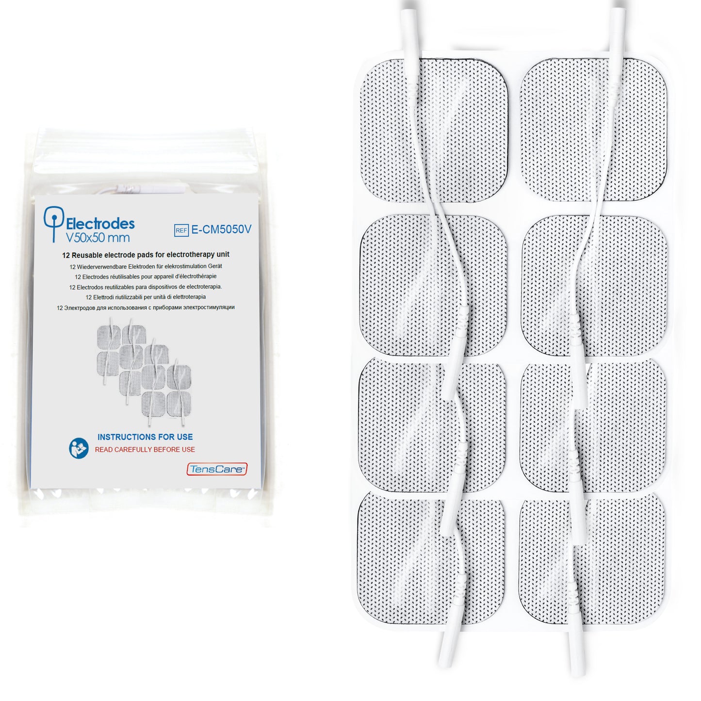 TENS Electrode Pads Value Pack, 12 pads, 50x50mm - Pack of 12 - Tenscare