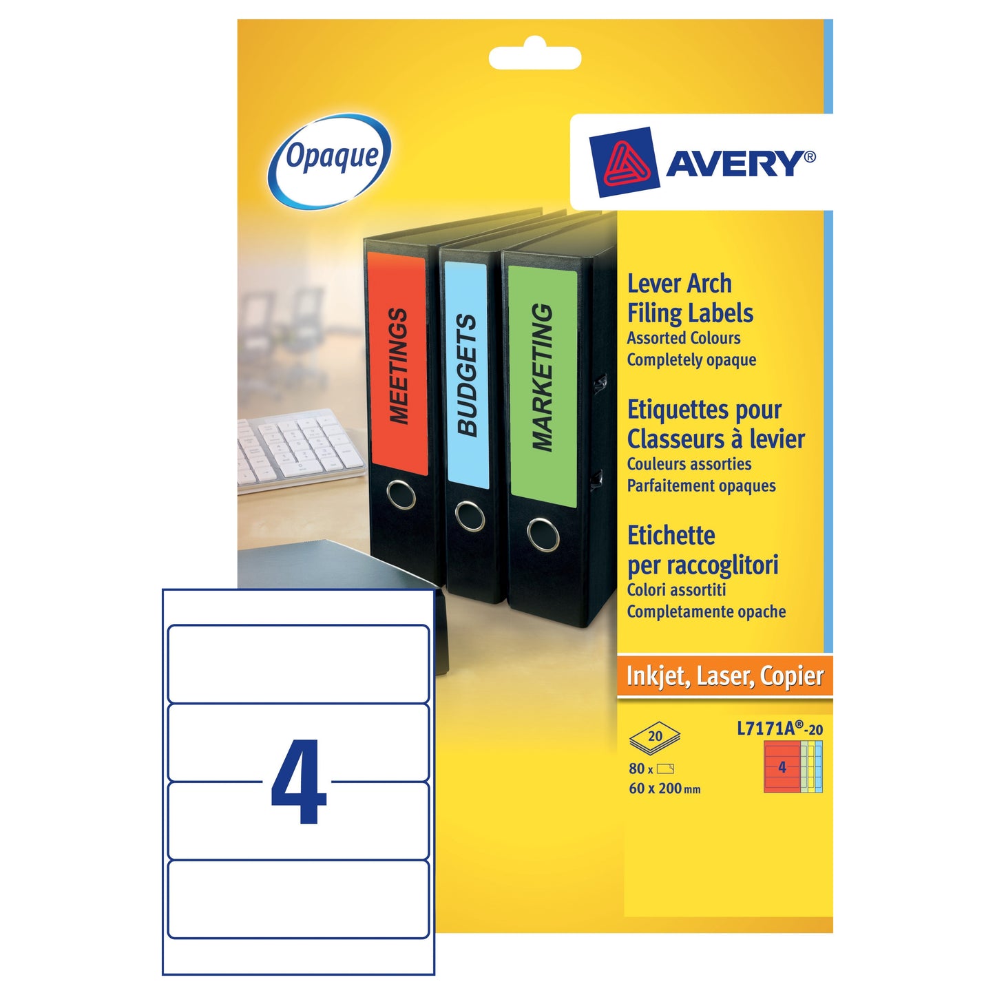 Avery Lever Arch Label 200x60 Assorted (20) L7171A - Avery