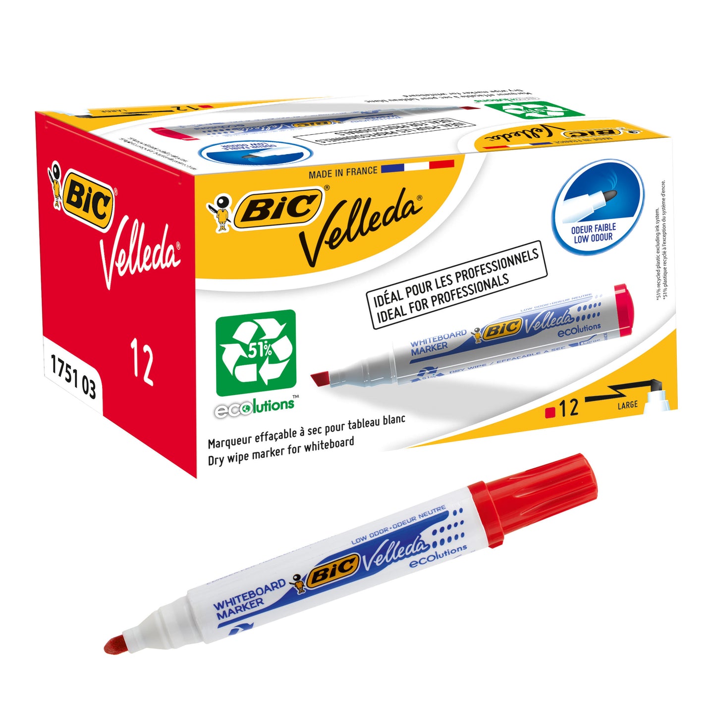 BIC Velleda Whiteboard Marker 1701 Bullet Red pack of 12 - Bic