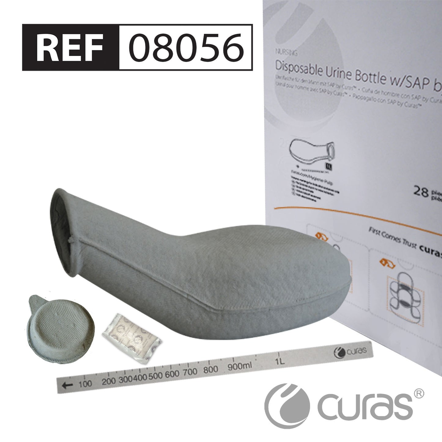 Male Urinal w/SAP, Lid & Measuring Stick - Pack of 28 - Curas