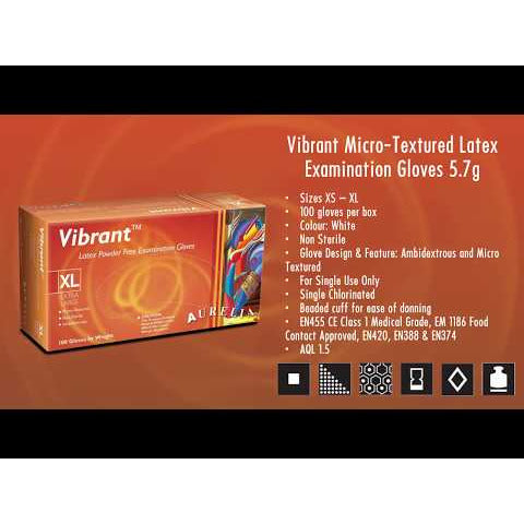 Aurelia Vibrant 100 Micro Textured Latex Examination Gloves 5.7g - Powder-Free - Extra Large (100) - Aurelia Gloves